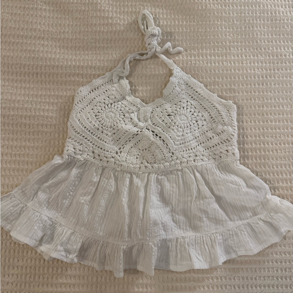 Dizzy Lizzy White Crochet Halter Tank Top - size S